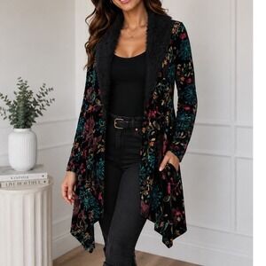 Vine Street Floral Embroidered Velvet Cardigan Faux Fur Trim Black Open Front n3